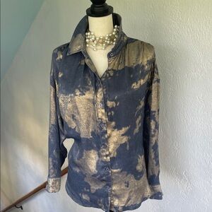 NEW JODIFL Womens Blue and Gold‎ Tye Dye Blouse Button down Size Small